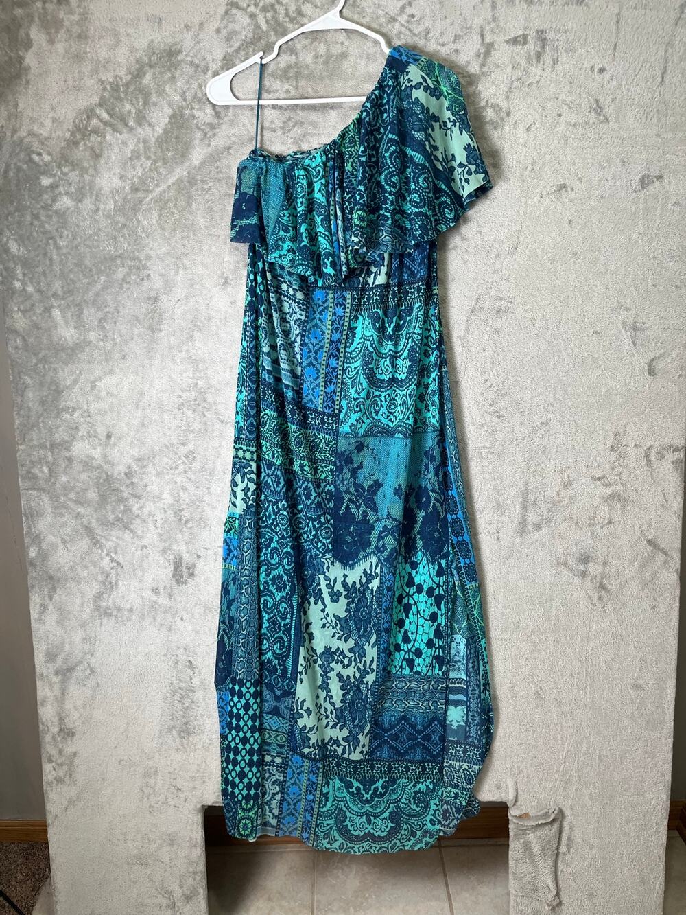 Fuzzi Italy Lace Mosaic Print One Shoulder Mesh Maxi Dress Turquoise Blue XL‎